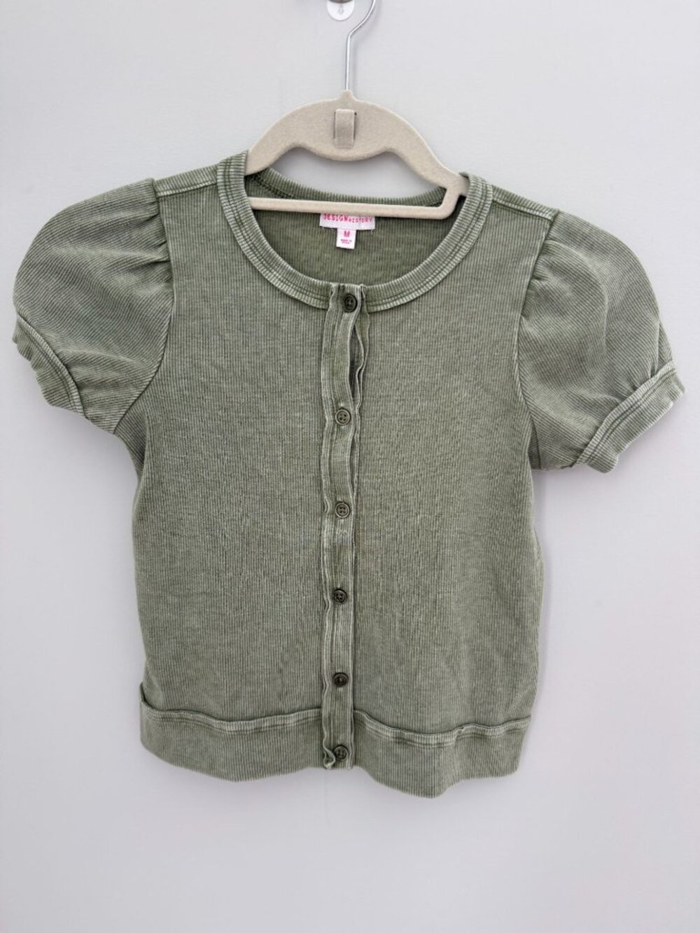 Design History Sage Green Ribbed Cardigan style top, size medium